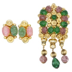 Christian Dior Vintage 1969 Baroque Pink Sapphire Emerald Openwork Tassel Set