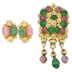 Christian Dior Vintage 1969 Baroque Pink Sapphire Emerald Openwork Tassel Set