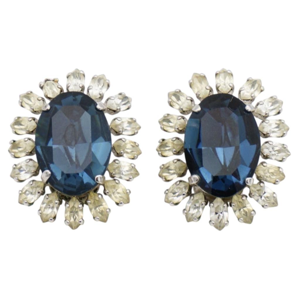Christian Dior Vintage 1969 Rare Blue Sapphire Marquise Oval Sunburst Earrings