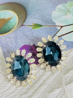 Christian Dior Vintage 1969 Sapphire Oval Crystal Marquise Flower Clip Earrings