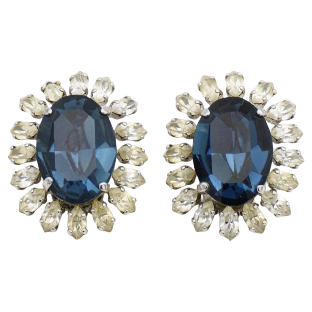 Christian Dior Vintage 1969 Sapphire Oval Crystal Marquise Flower Clip Earrings For Sale