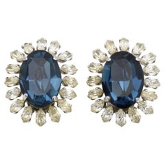 Christian Dior Vintage 1969 Sapphire Oval Crystal Marquise Flower Clip Earrings