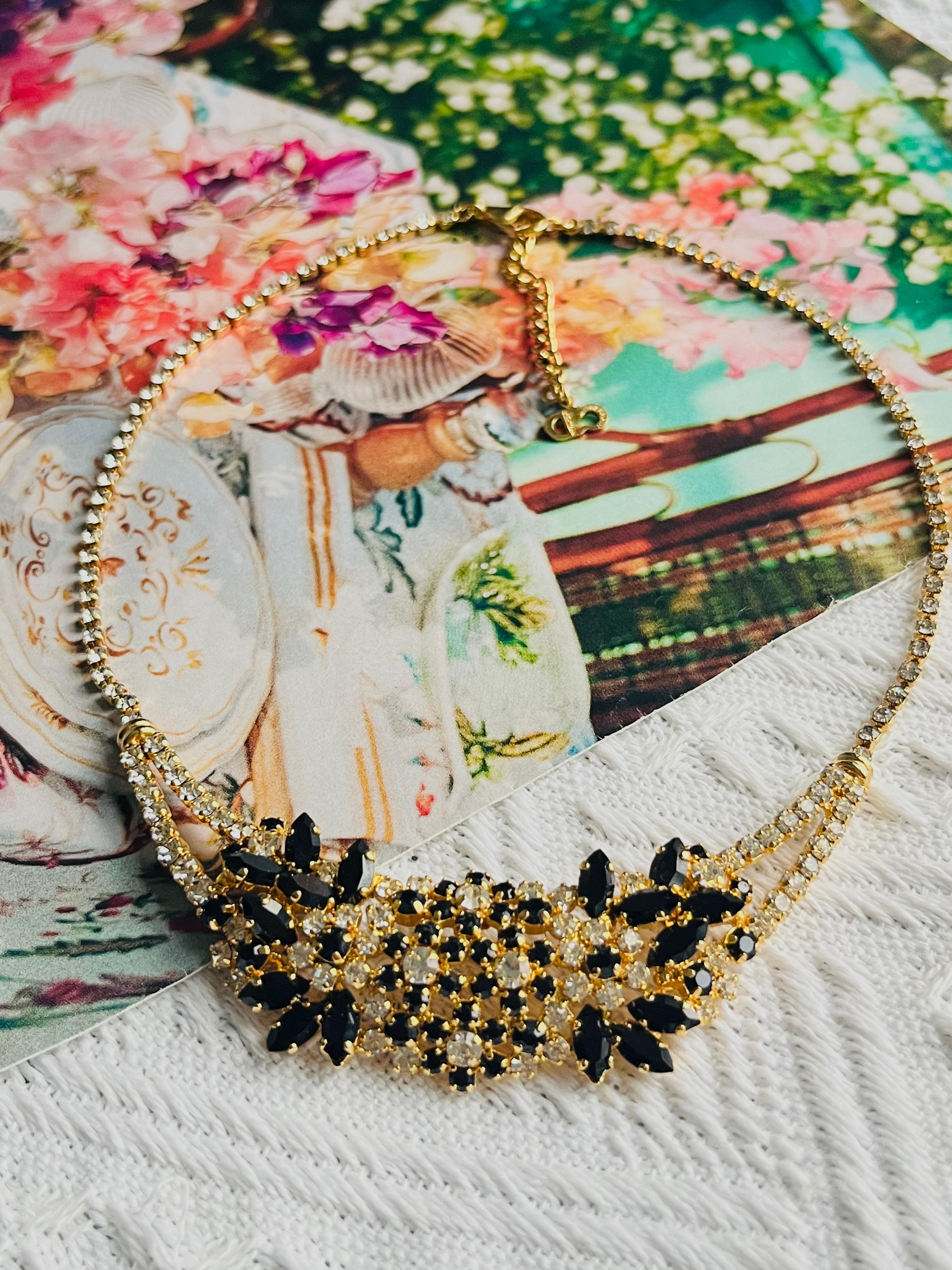 Art déco Christian Dior Vintage 1970 Black Clear Cluster Flowers Whole Crystals Necklace