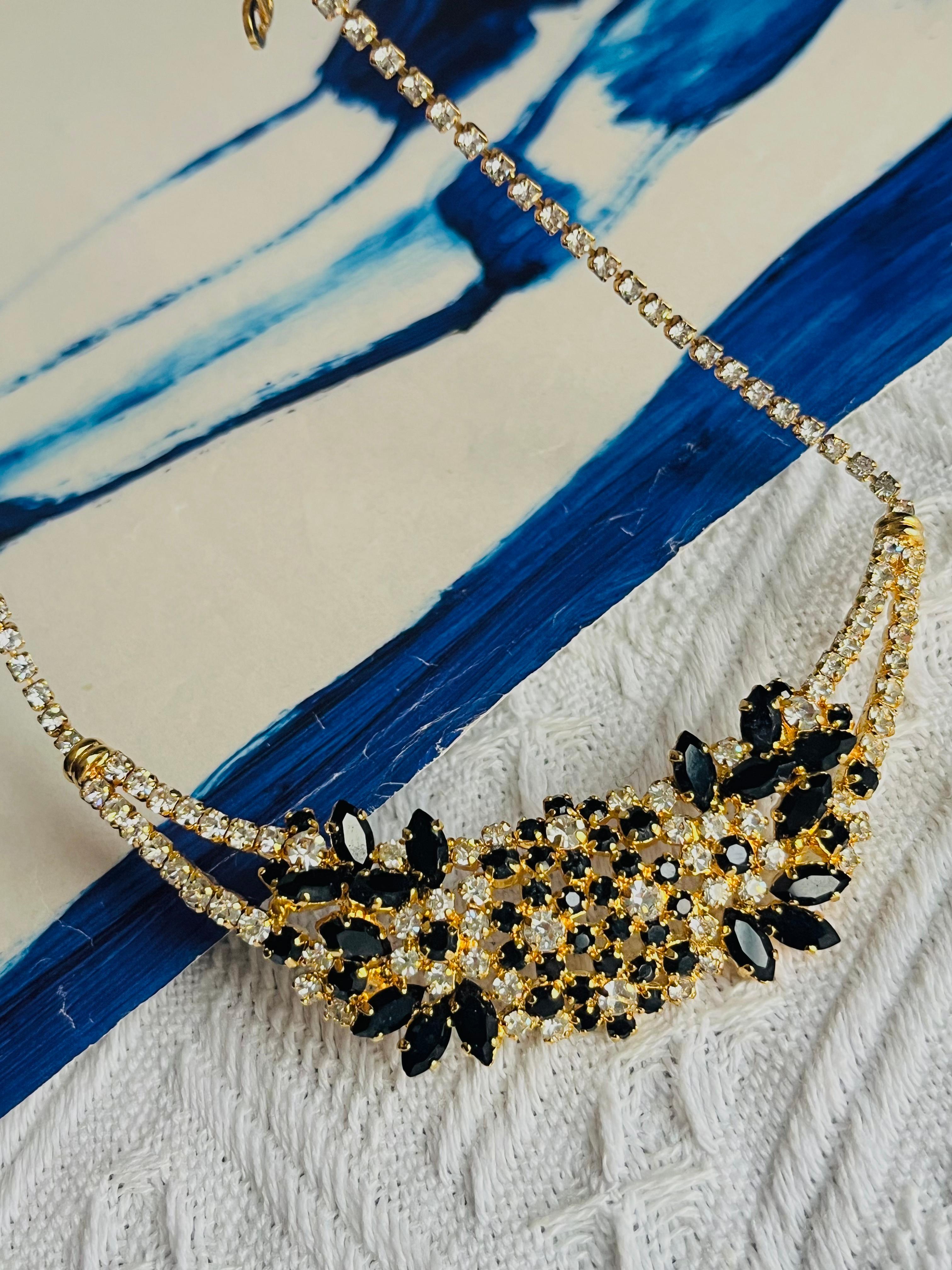  Christian Dior Vintage 1970 Black Clear Cluster Flowers Whole Crystals Necklace Unisexe 