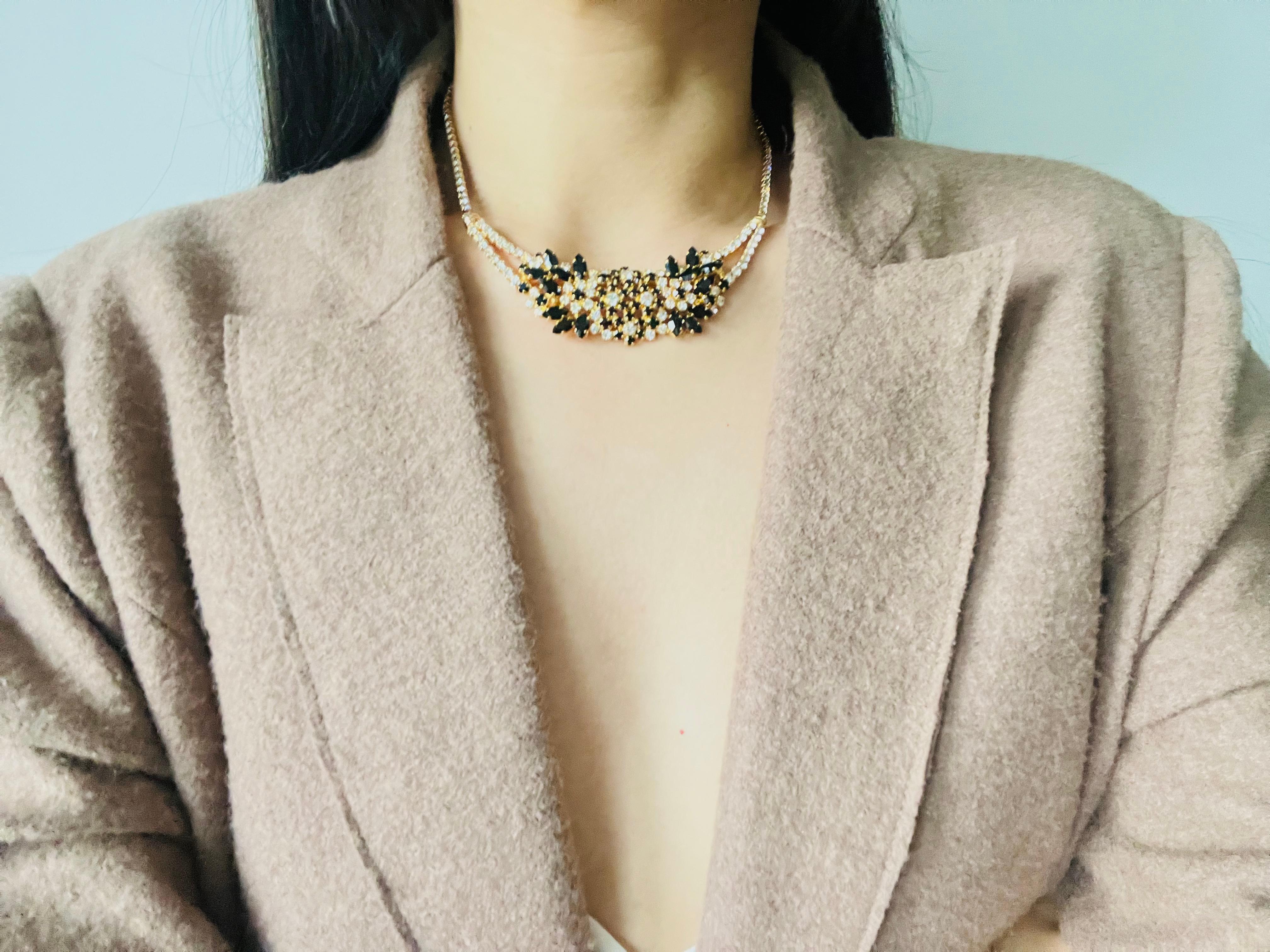 Christian Dior Vintage 1970 Black Clear Cluster Flowers Whole Crystals Necklace 2