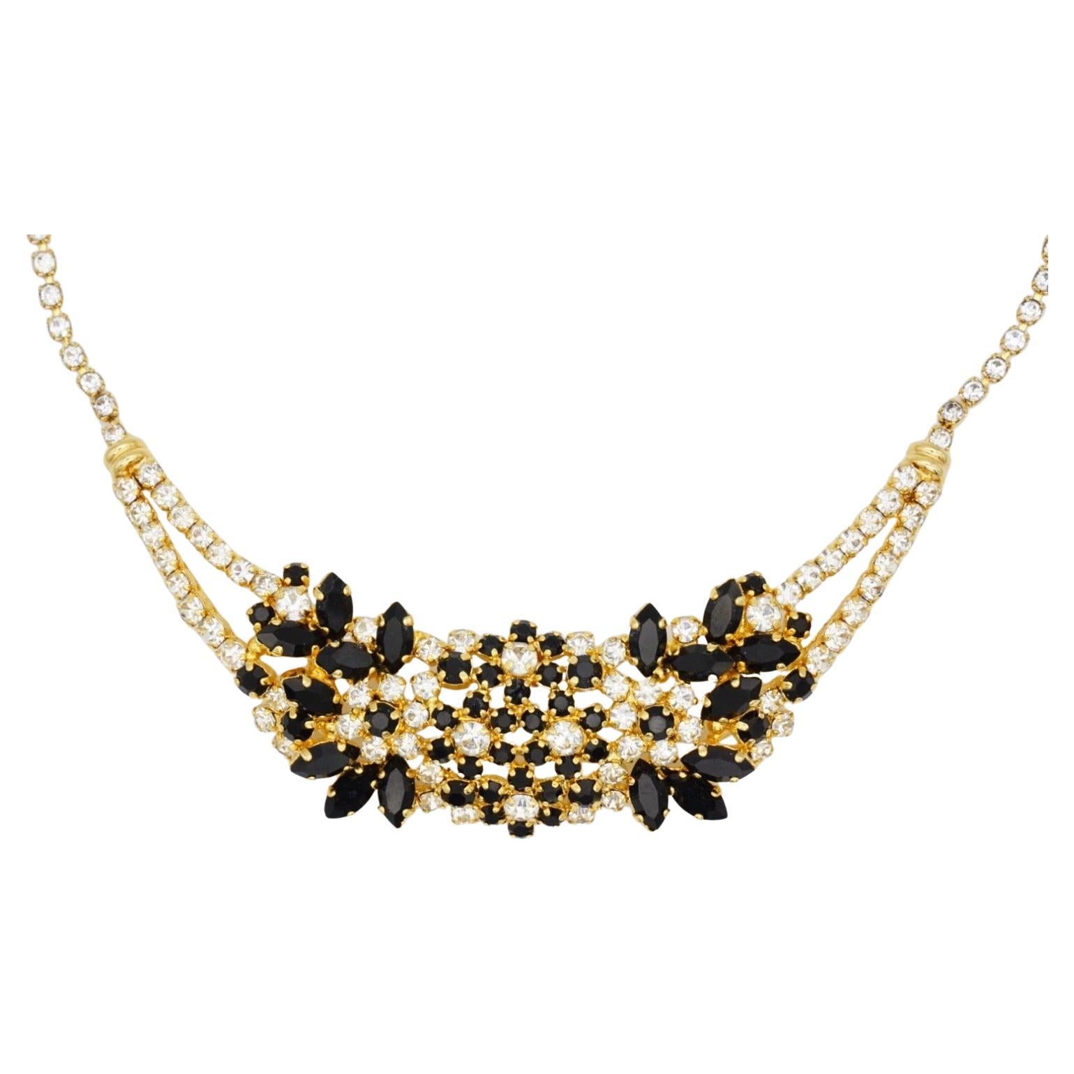 Christian Dior Vintage 1970 Schwarz Klar Cluster Blumen Whole Kristalle Halskette im Angebot