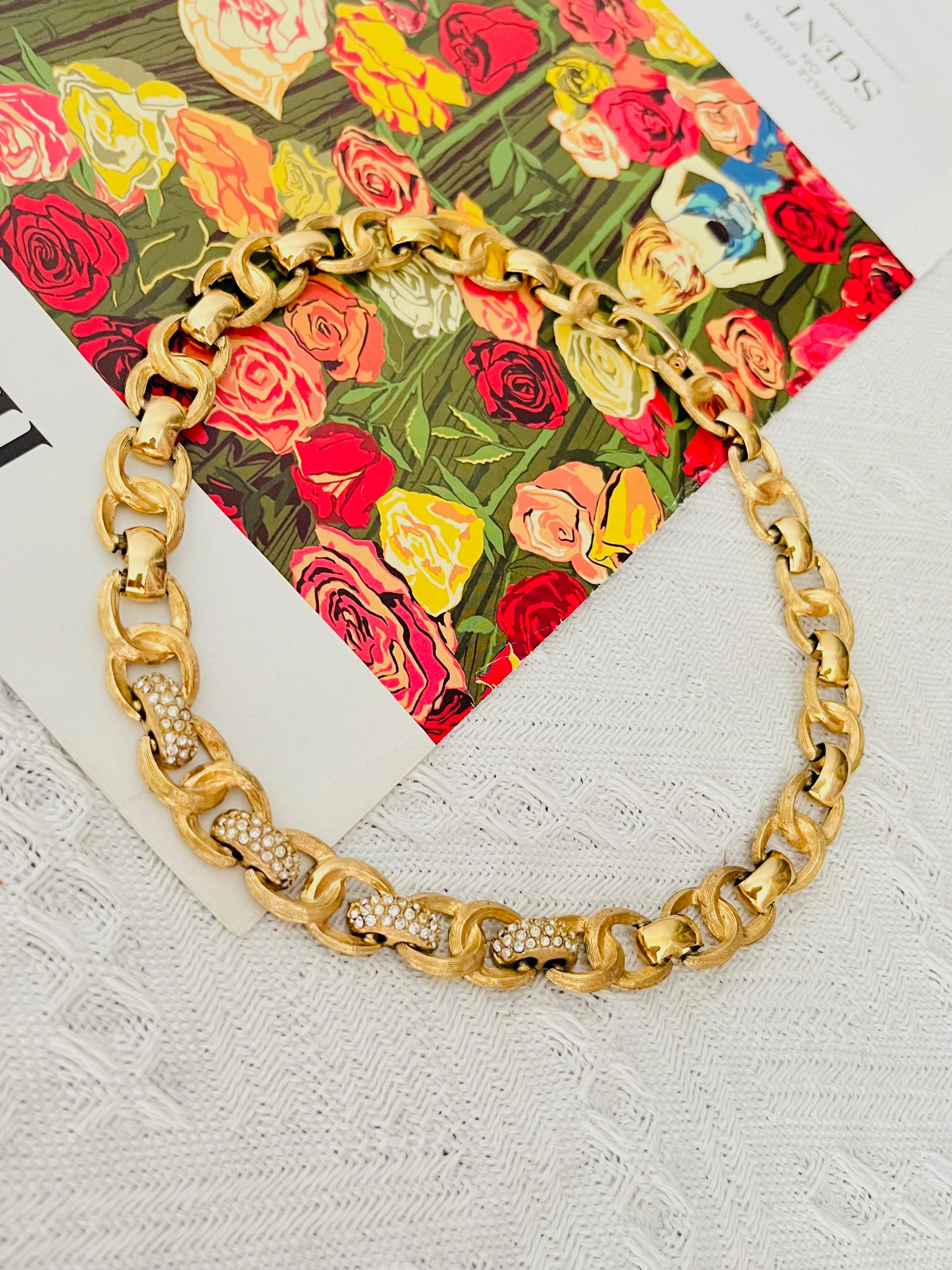Art Deco Christian Dior Vintage 1970 Crystals Charm Interlocked Omega Linked Necklace For Sale