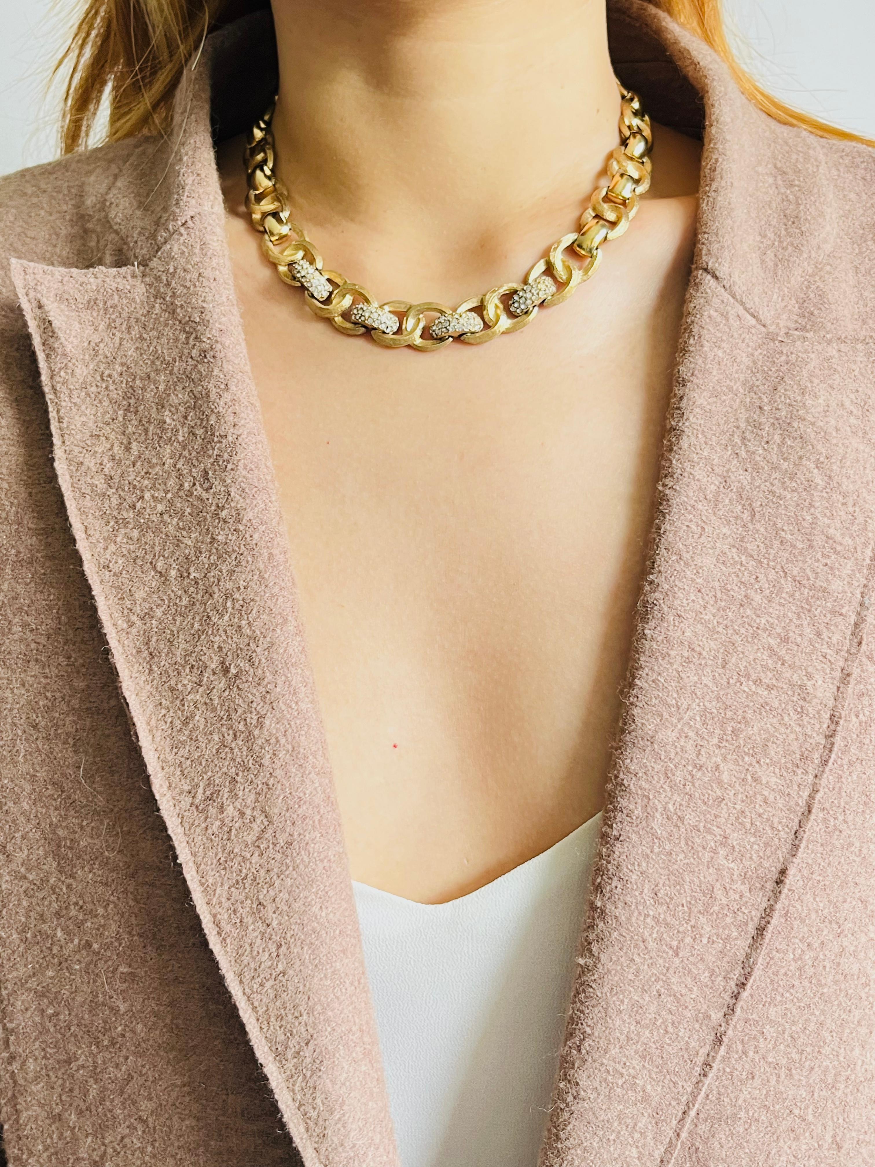 Christian Dior Vintage 1970 Crystals Charm Interlocked Omega Linked Necklace For Sale 1