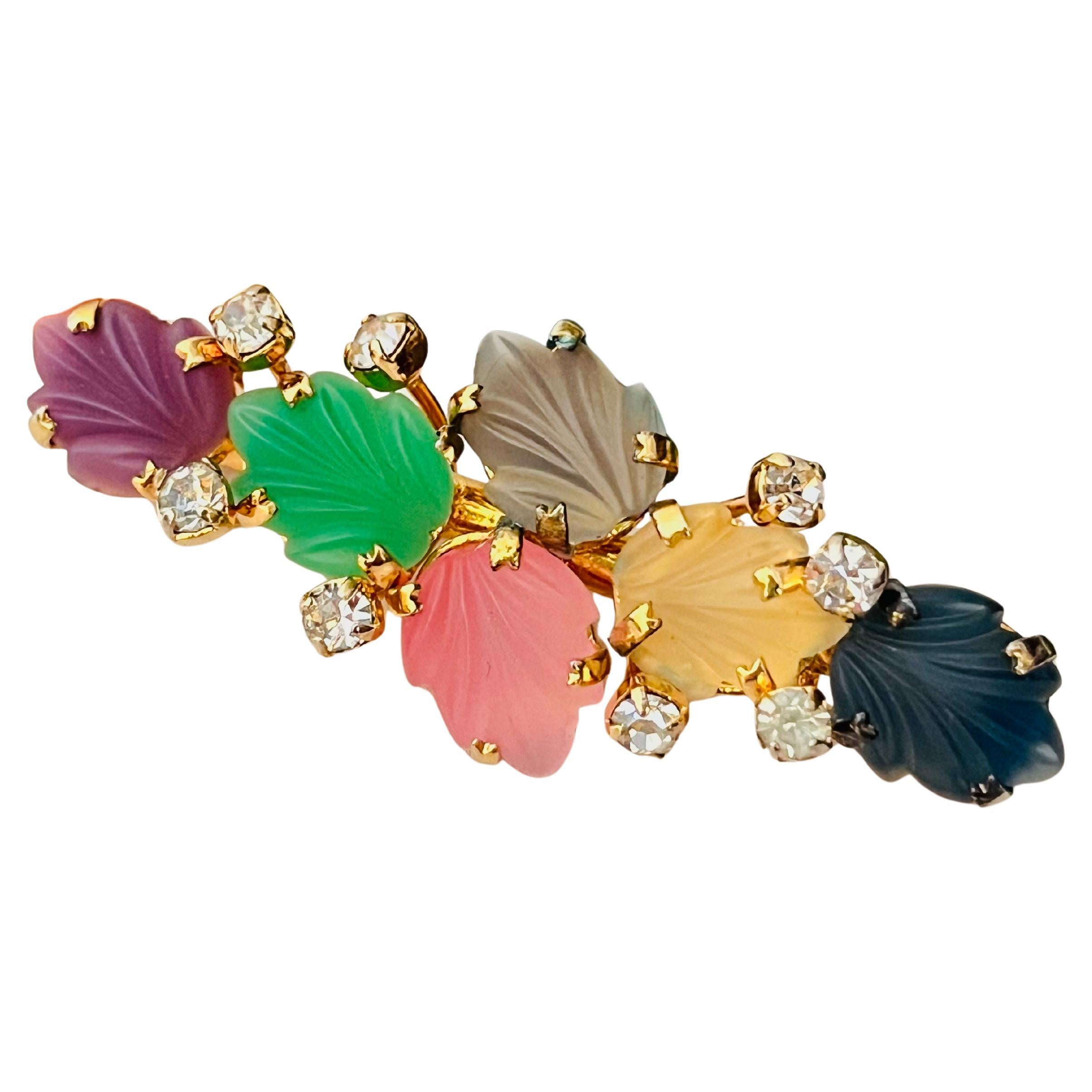 Christian Dior Vintage 1970 Crystals Pink Green Blue 6 Leaf Salad Flower Brooch