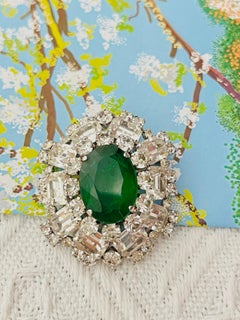 Christian Dior Vintage 1970 Emerald Green Oval Crystals Marquise Dome Brooch