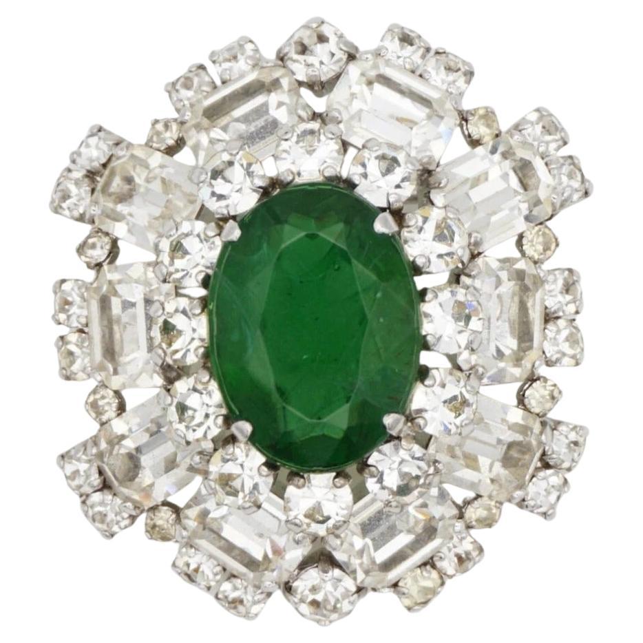 Christian Dior Vintage 1970 Emerald Green Oval Crystals Marquise Dome Brooch