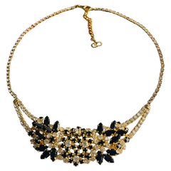 Christian Dior Vintage 1970 Gold Crystals Black Clear Cluster Flowers Necklace
