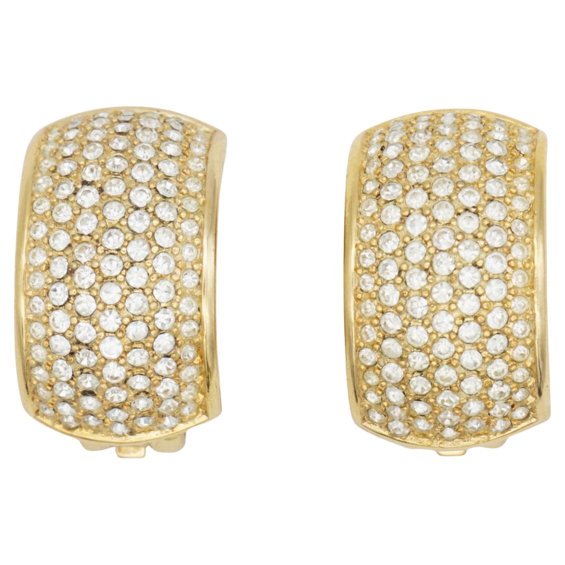 Christian Dior Vintage 1970 Large Crystals Whole Hoop Domed Clip Chunky Earrings