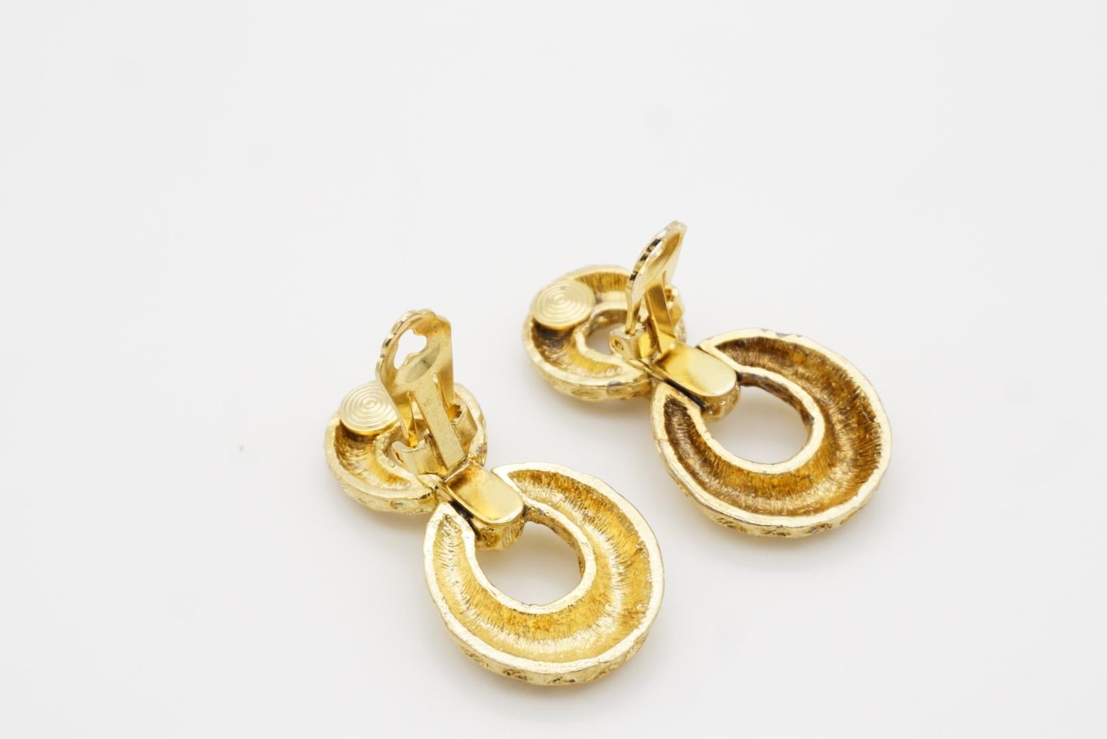 Christian Dior Vintage 1970 Textured Circle Oval Hoop Drop Chunky Clip Earrings For Sale 6