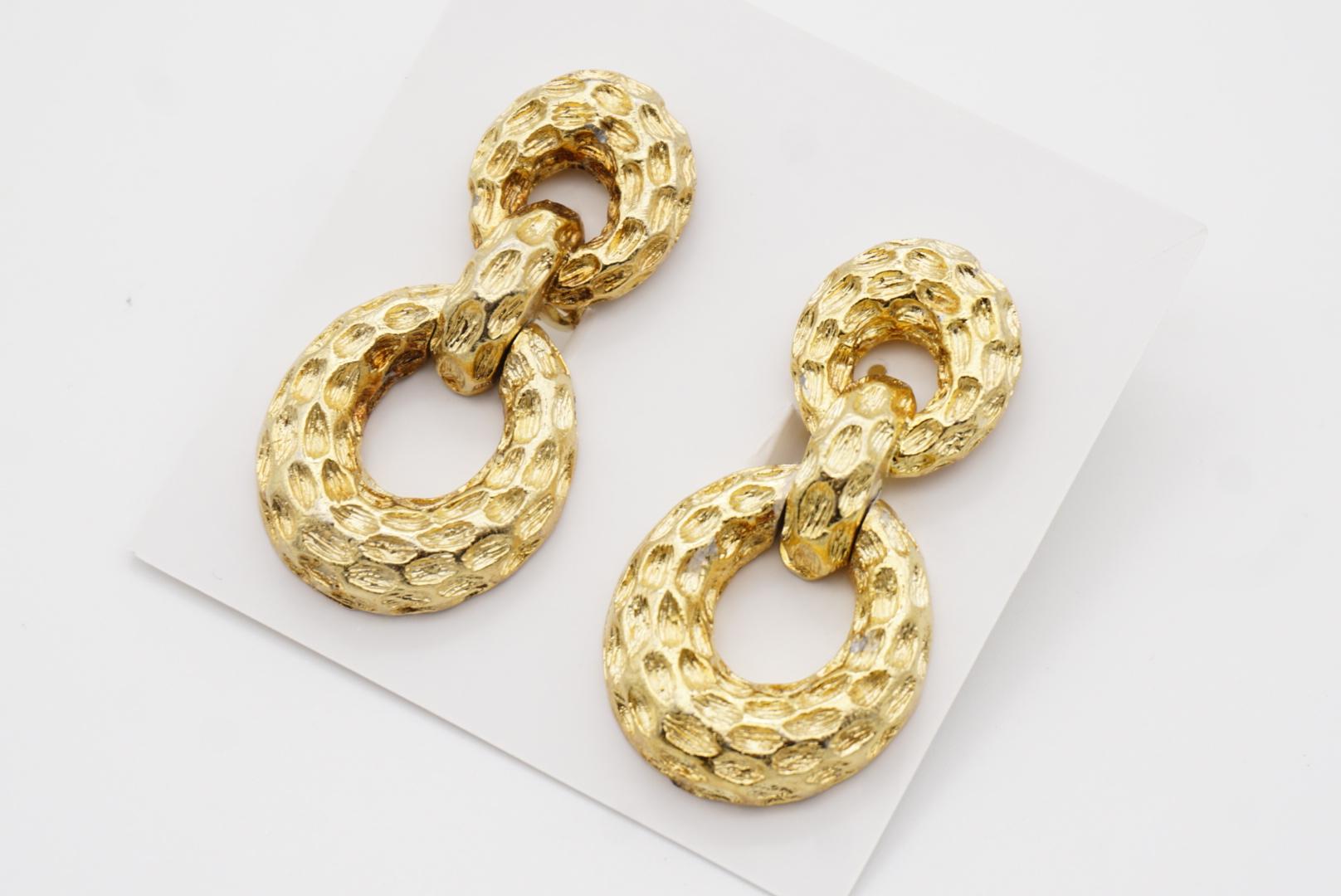 Christian Dior Vintage 1970 Textured Circle Oval Hoop Drop Chunky Clip Earrings For Sale 4