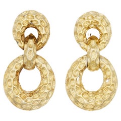 Christian Dior Vintage 1970 Textured Circle Oval Hoop Drop Chunky Clip Earrings