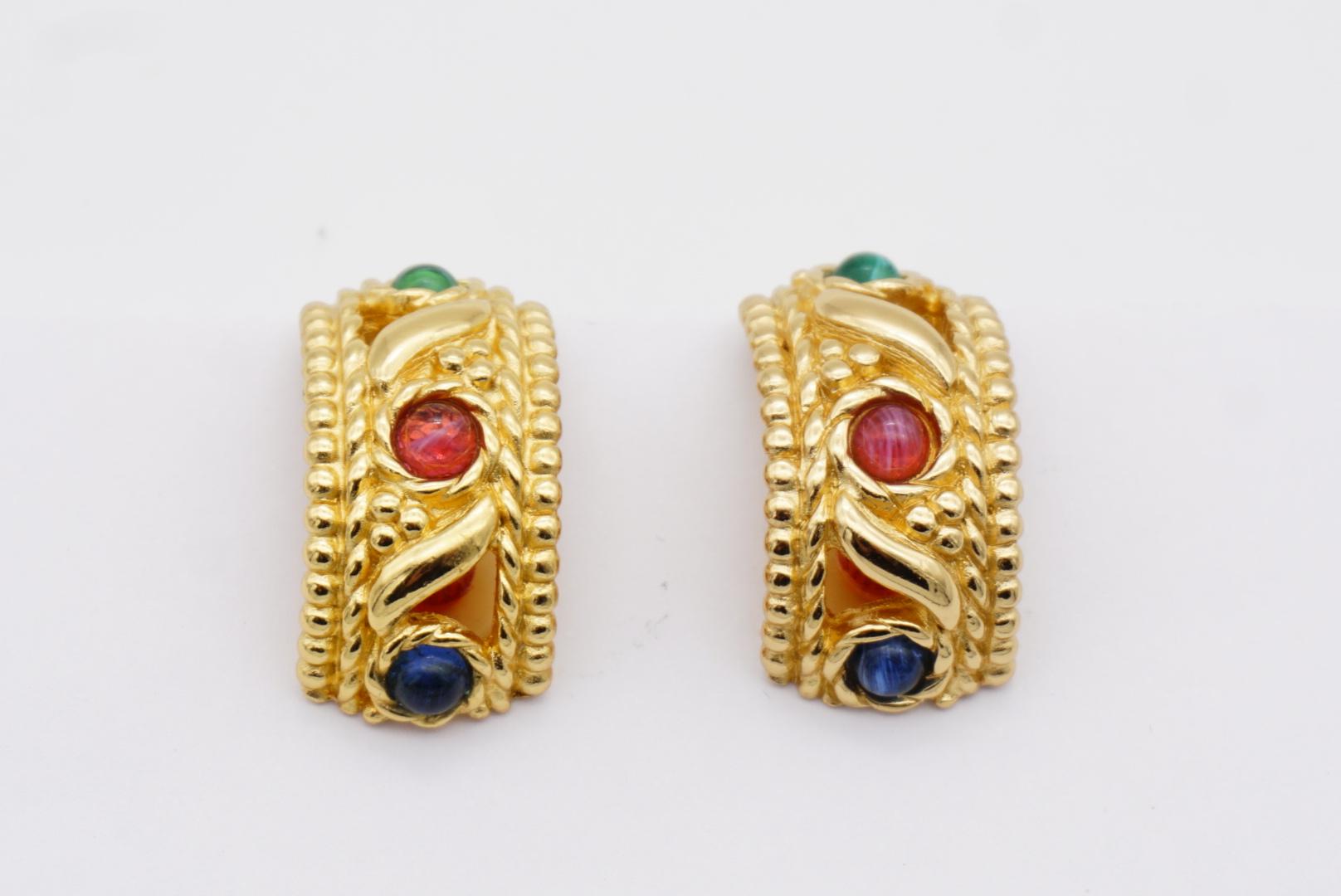 Christian Dior Vintage 1970s Baroque Gripoix Emerald Sapphire Ruby Clip Earrings 6