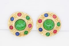 Christian Dior Vintage 1970s Baroque Gripoix Emerald Sapphire Ruby Clip Earrings