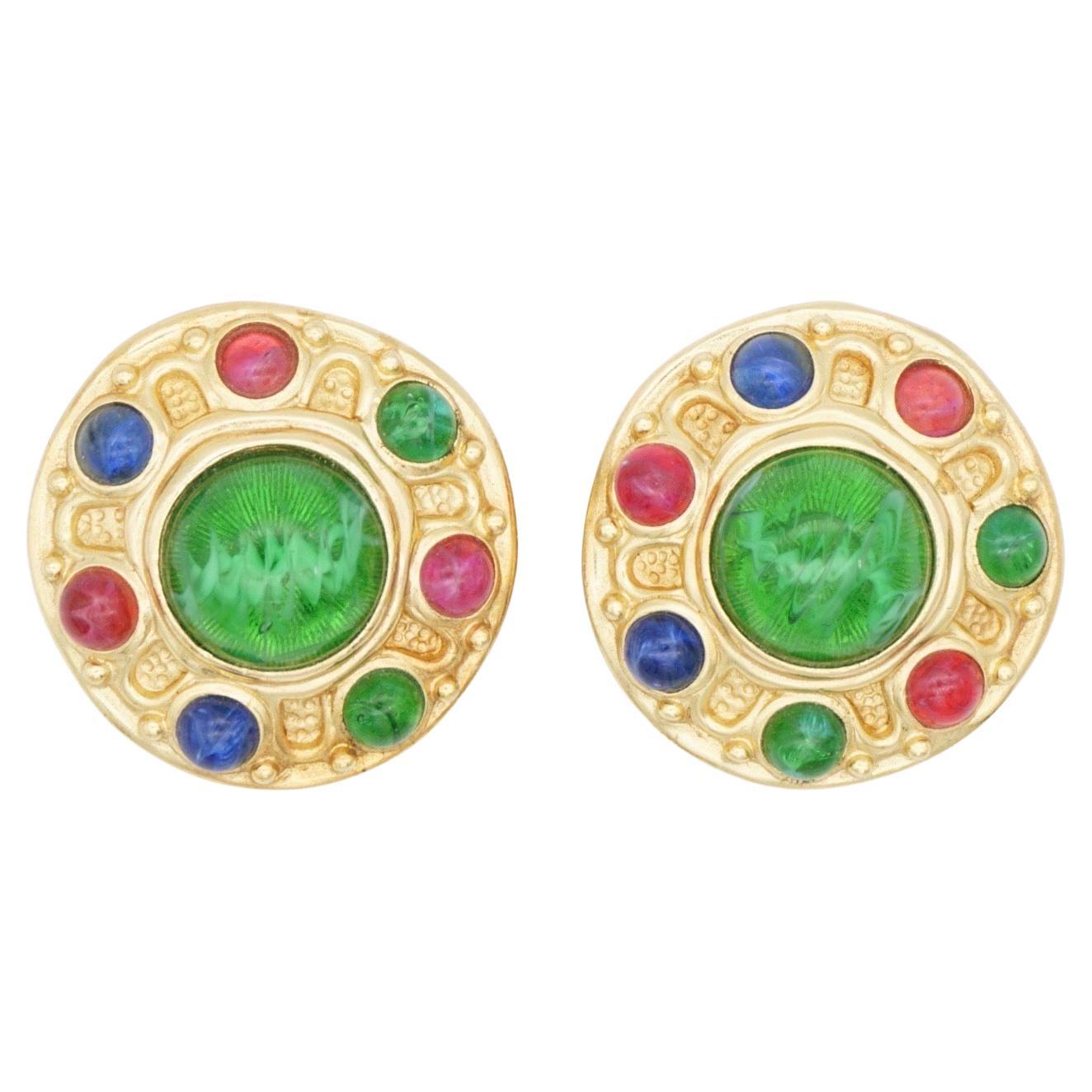 Christian Dior Vintage 1970s Baroque Large Gripoix  Emerald Sapphire Ruby Cabochon Abnormal Round Exquisite Clip Earrings, Gold Tone

Very excellent condition. Vintage and rare to find. 100% Genuine.

A very beautiful pair of clip on earrings by