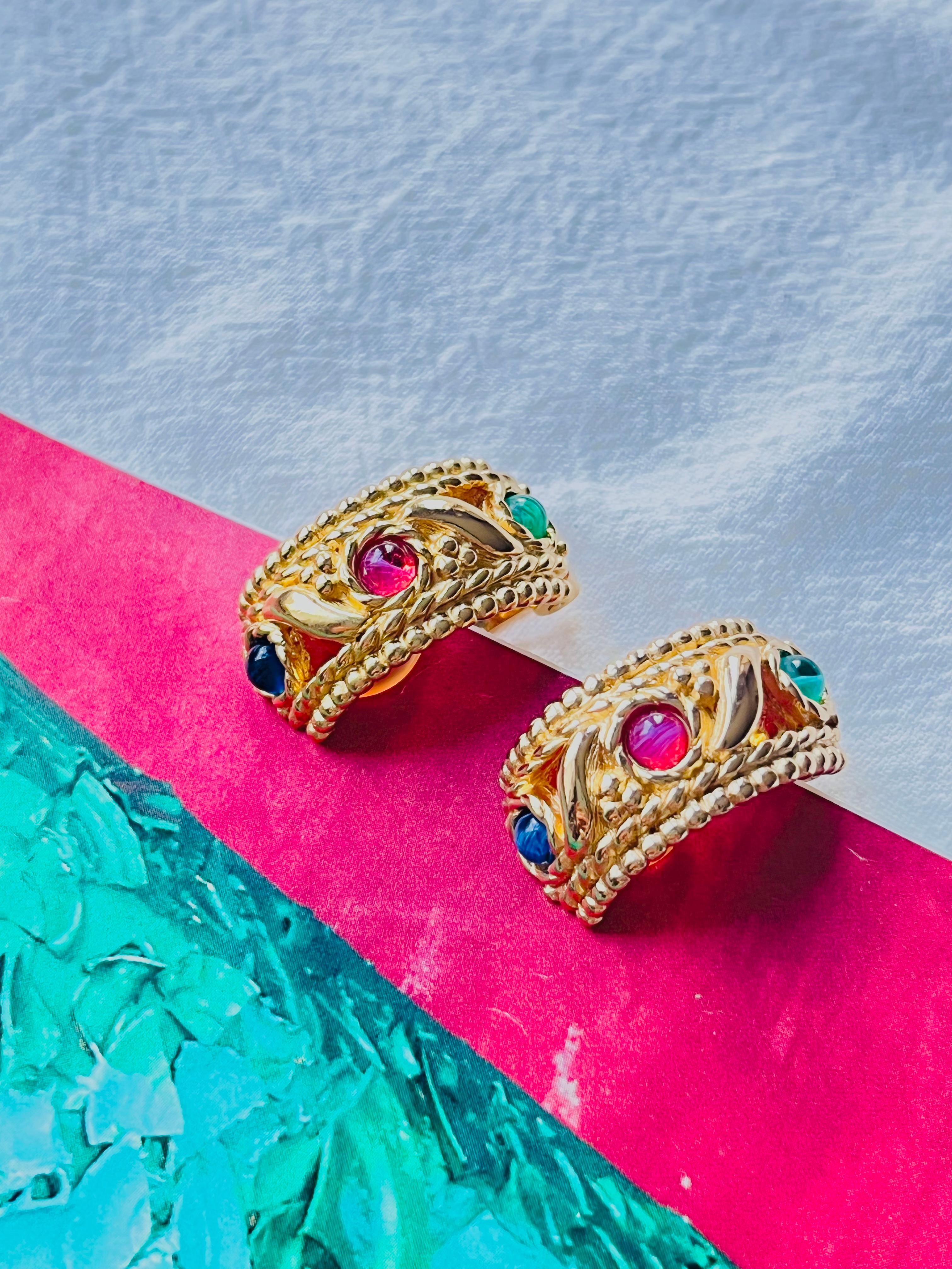 Art Deco Christian Dior Vintage 1970s Baroque Gripoix Emerald Sapphire Ruby Clip Earrings