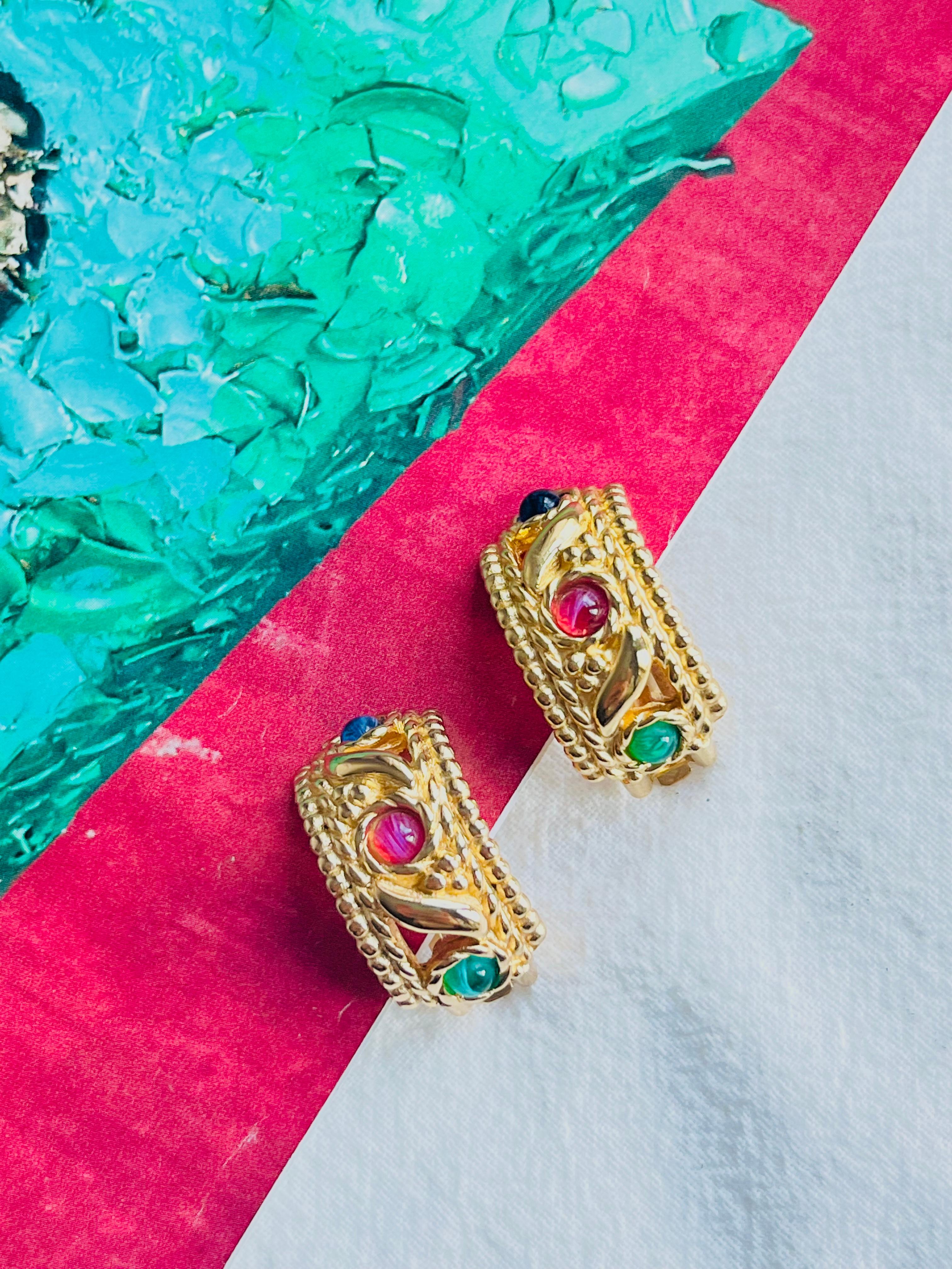 Christian Dior Vintage 1970s Baroque Gripoix Emerald Sapphire Ruby Clip Earrings 1