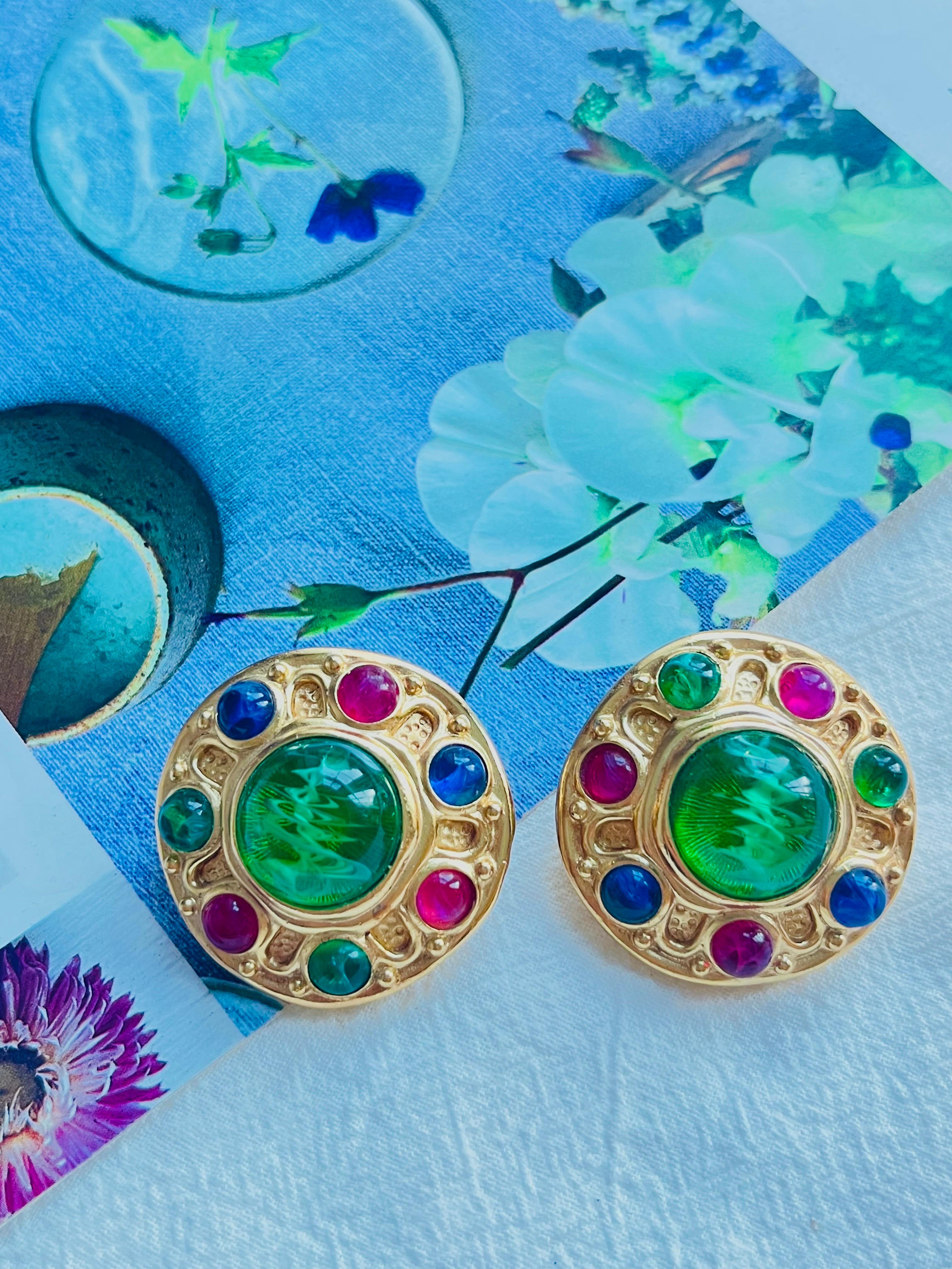 Christian Dior Vintage 1970s Baroque Gripoix Emerald Sapphire Ruby Clip Earrings 1