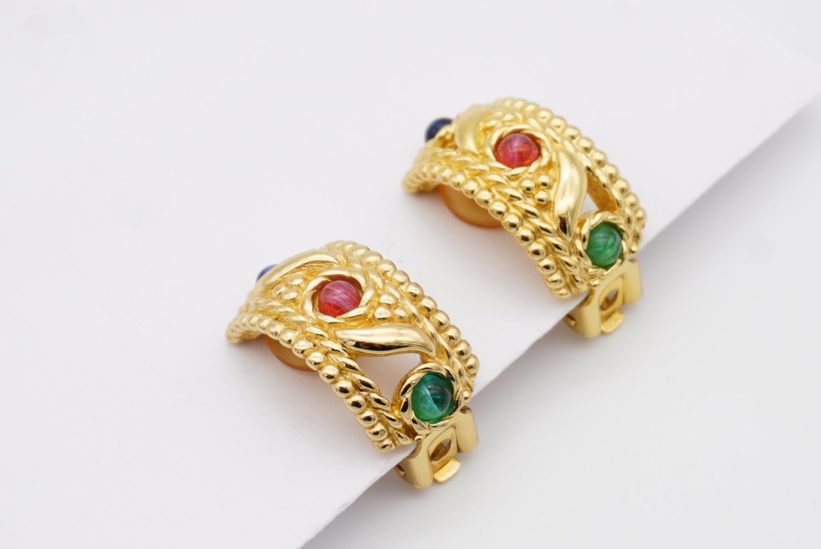 Christian Dior Vintage 1970s Baroque Gripoix Emerald Sapphire Ruby Clip Earrings For Sale 4