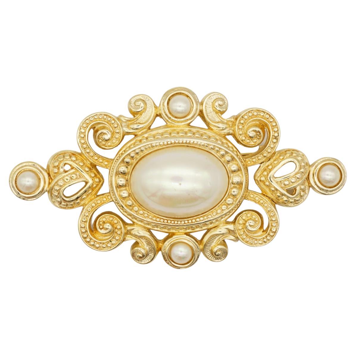 Christian Dior Vintage 1970s Baroque Huge Oval Pearl Heart Openwork Gold Brooch  For Sale