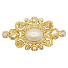 Christian Dior Vintage 1970s Baroque Huge Oval Pearl Heart Openwork Gold Brooch 