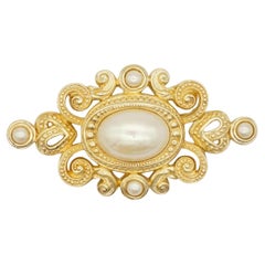 Christian Dior Vintage 1970s Baroque Huge Oval Pearls Heart Openwork Gold Brooch