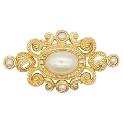 Christian Dior Vintage 1970s Baroque Huge Oval Pearls Heart Openwork Gold Brooch