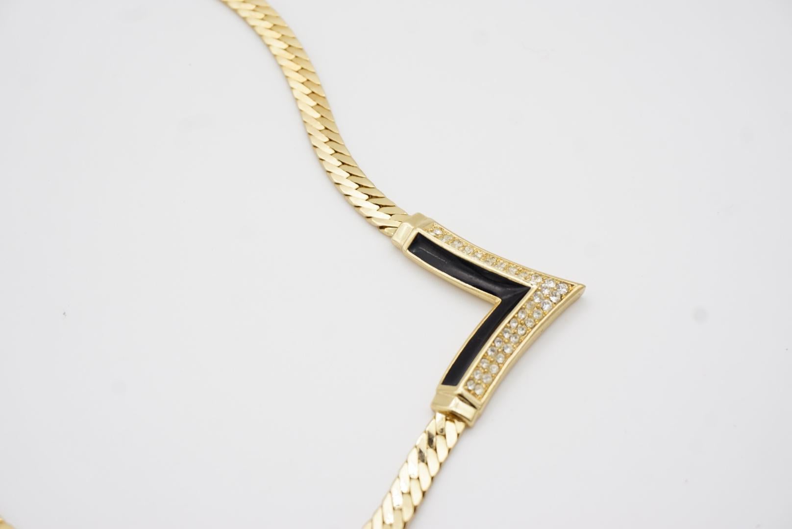 Christian Dior Vintage 1970s Black Crystal Arrow Triangle Pendant Gold Necklace For Sale 2