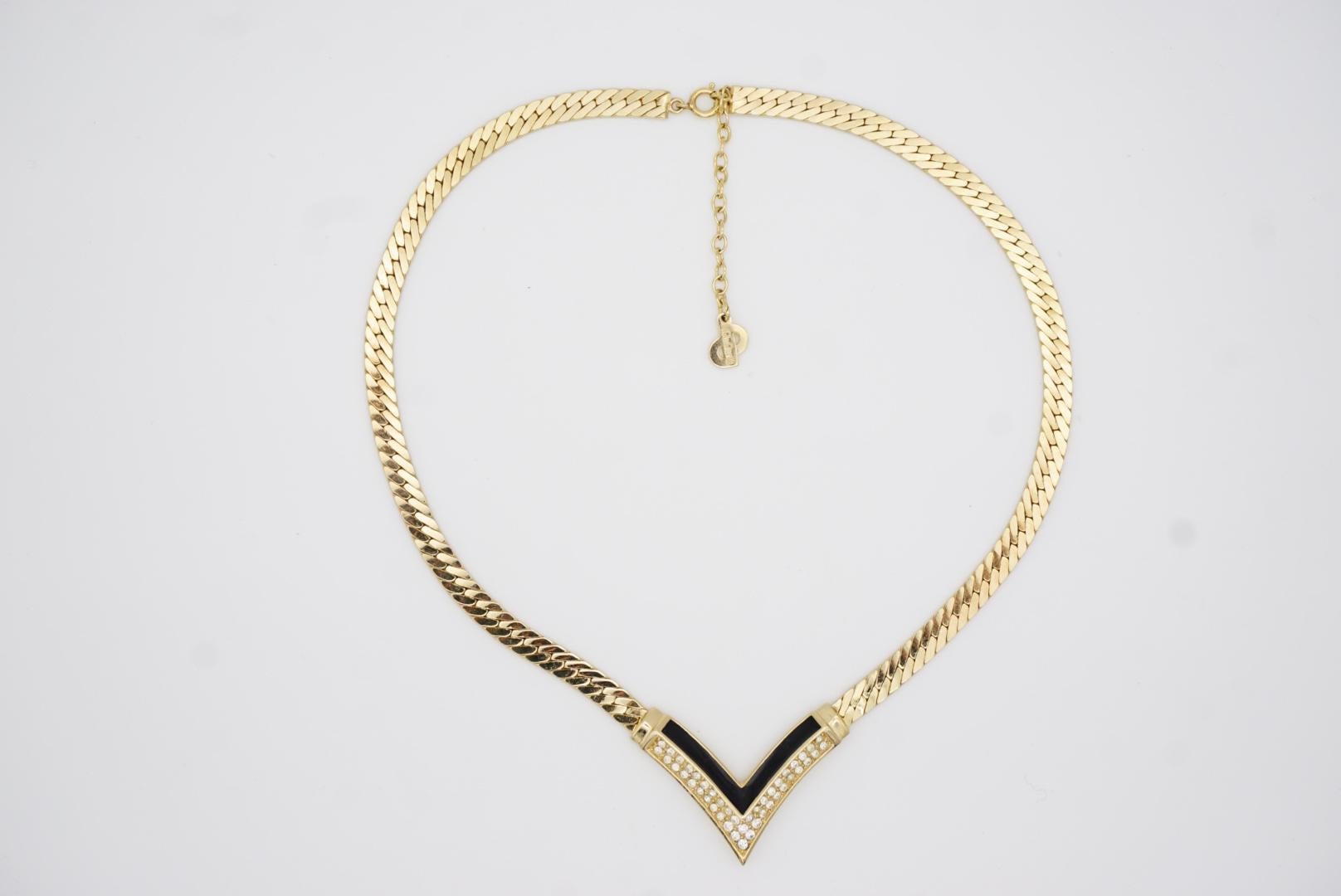 Christian Dior Vintage 1970s Black Crystal Arrow Triangle Pendant Gold Necklace 2