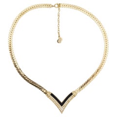 Christian Dior Vintage 1970s Black Crystal Arrow Triangle Pendant Gold Necklace