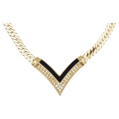 Christian Dior Vintage 1970s Black Crystal Arrow Triangle Pendant Gold Necklace