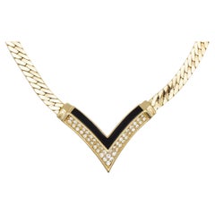 Christian Dior Vintage 1970s Black Crystal Arrow Triangle Pendant Gold Necklace