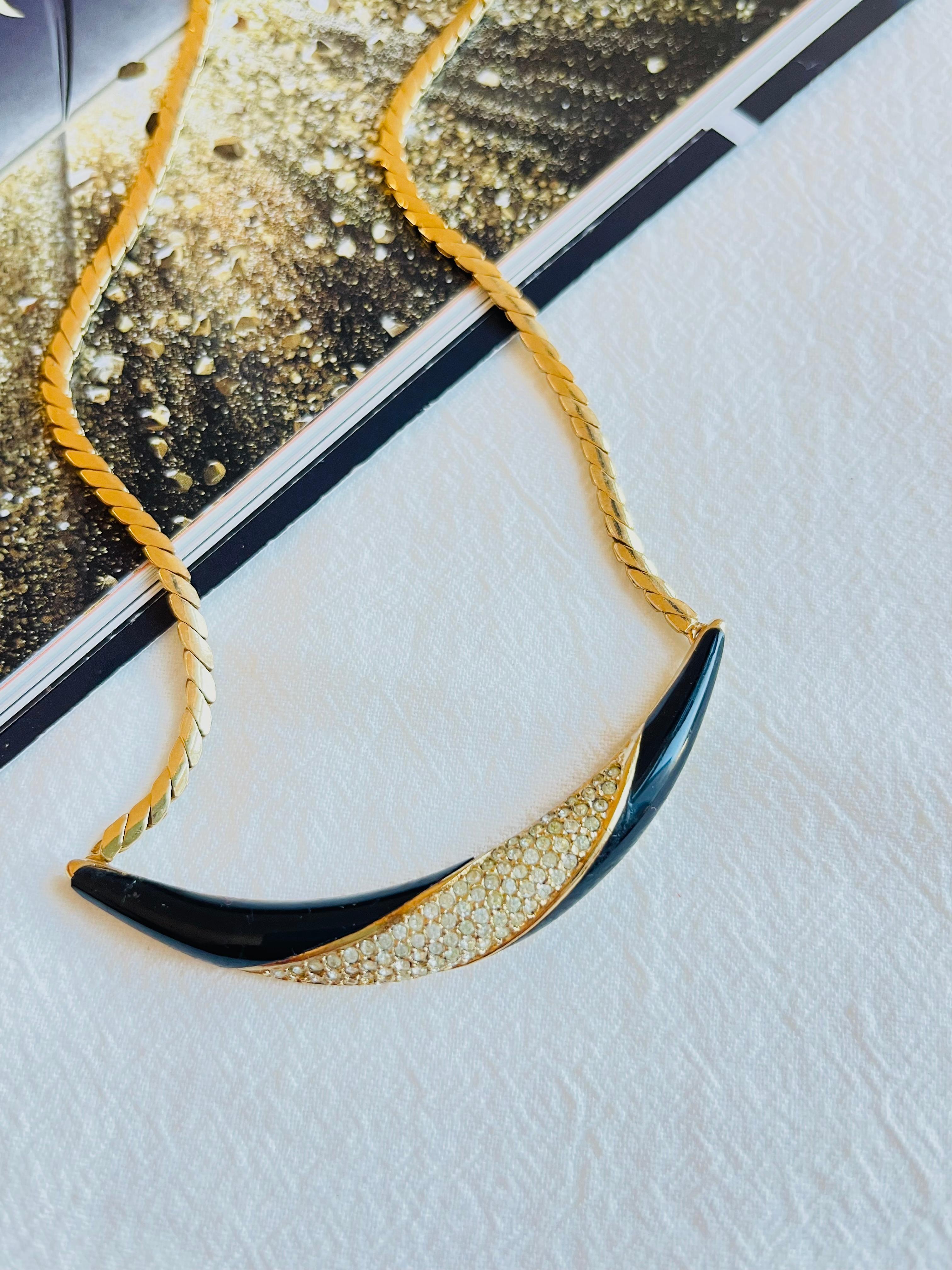 Art Deco Christian Dior Vintage 1970s Black Crystal Crescent Moon Long Pendant Necklace For Sale