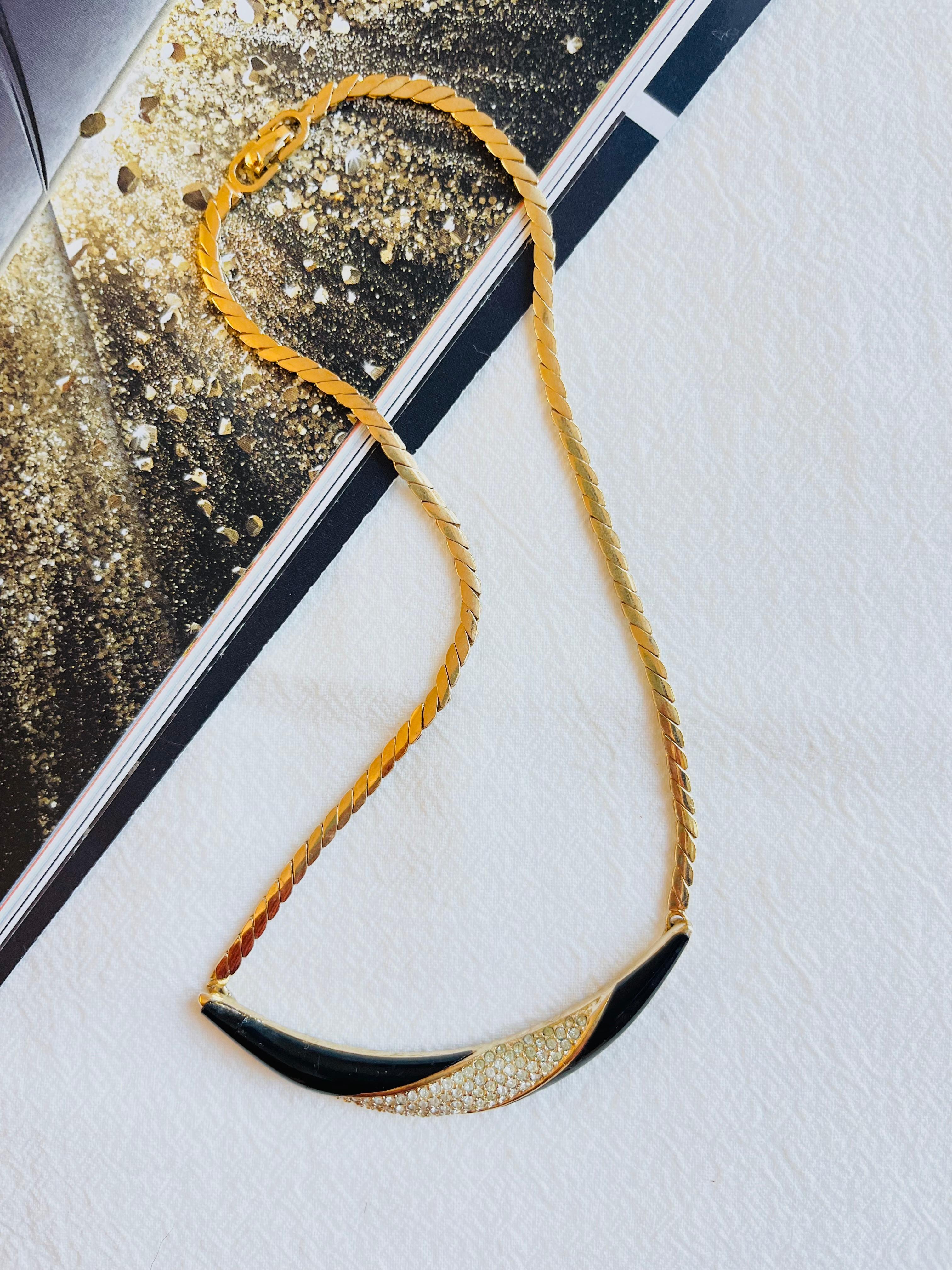 Art Deco Christian Dior Vintage 1970s Black Crystal Crescent Moon Long Pendant Necklace For Sale