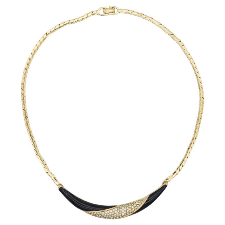 Christian Dior Vintage 1970s Black Crystal Crescent Moon Long Pendant Necklace For Sale