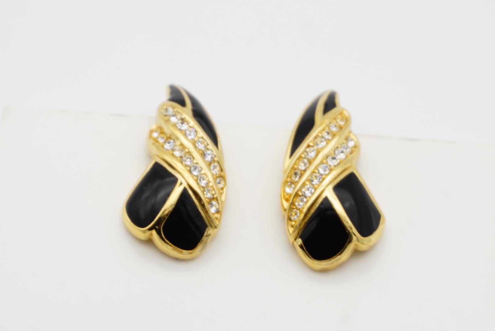 Christian Dior Vintage 1970s Black Crystals Heart Knot Long Leaf Clip Earrings For Sale 6