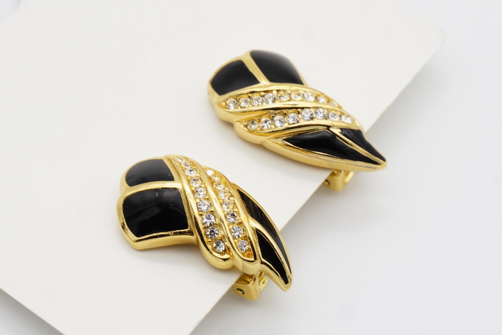 Christian Dior Vintage 1970s Black Crystals Heart Knot Long Leaf Clip Earrings For Sale 7