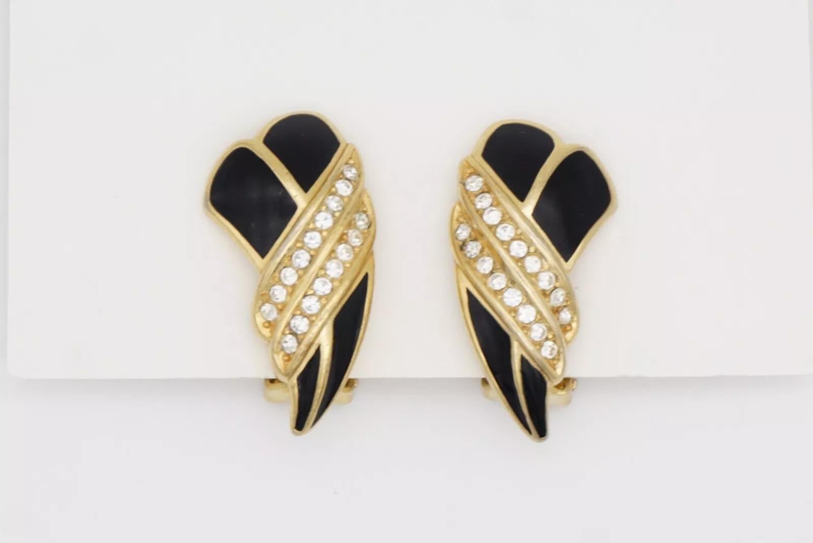 Christian Dior Vintage 1970s Black Crystals Heart Knot Long Leaf Clip Earrings For Sale 4