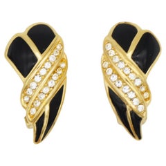 Christian Dior Vintage 1970s Black Crystals Heart Knot Long Leaf Clip Earrings
