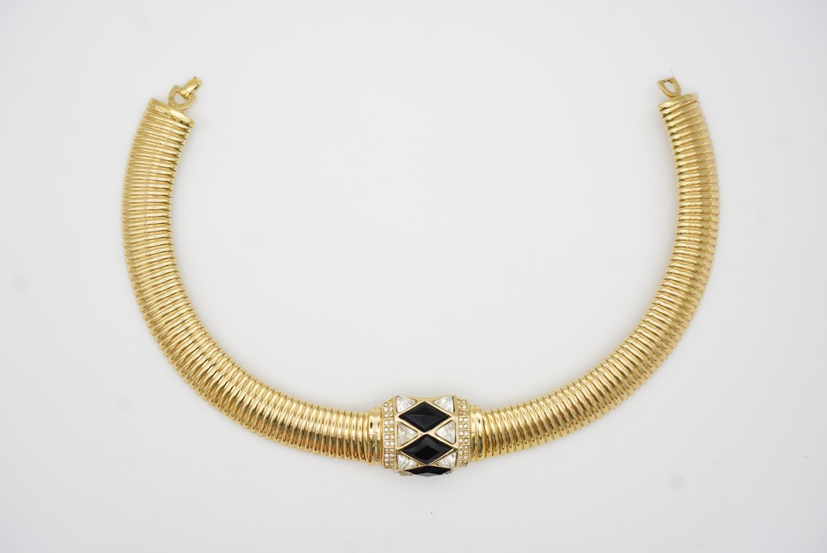 Christian Dior Vintage 1970s Black Diamonds Crystals Gold Pendant Omega Necklace 5