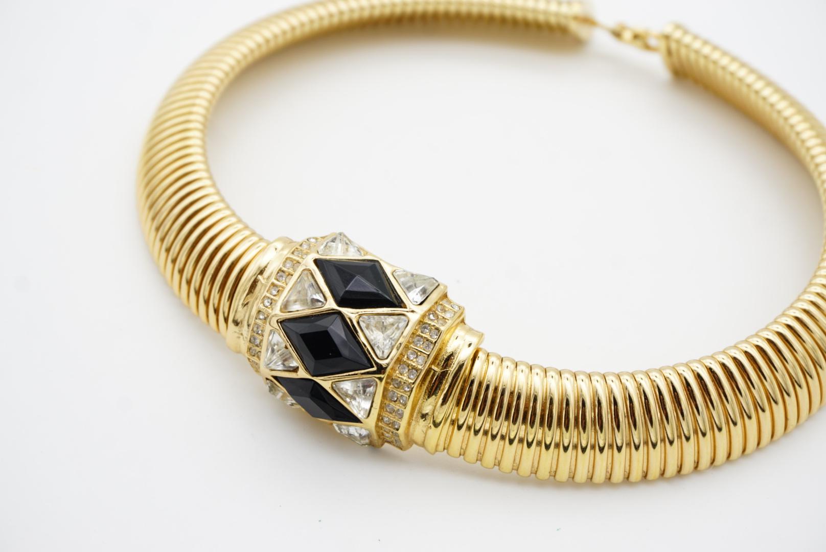 Christian Dior Vintage 1970s Black Diamonds Crystals Gold Pendant Omega Necklace 6
