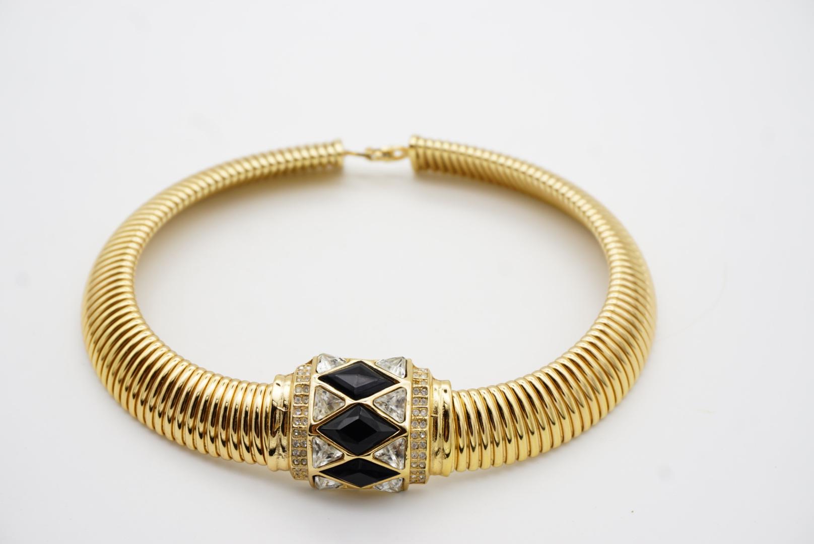 Christian Dior Vintage 1970s Black Diamonds Crystals Gold Pendant Omega Necklace 2