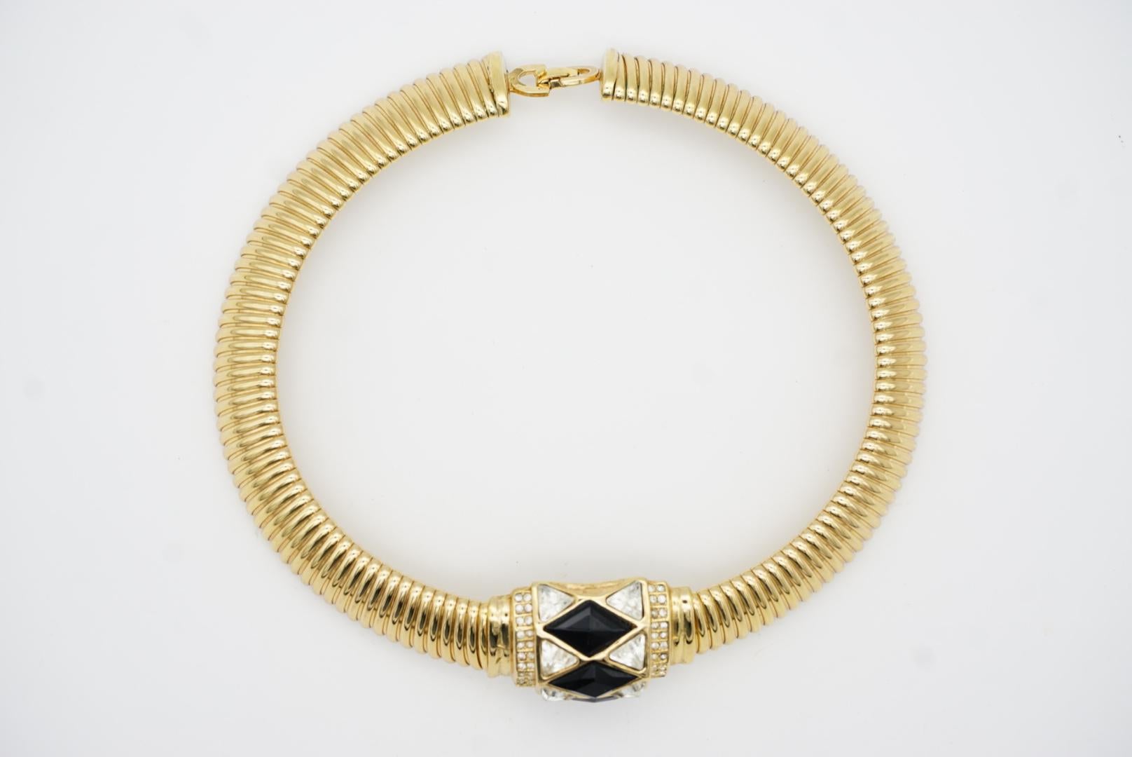 Christian Dior Vintage 1970s Black Diamonds Crystals Gold Pendant Omega Necklace 4