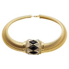 Christian Dior Vintage 1970s Black Diamonds Crystals Gold Pendant Omega Necklace