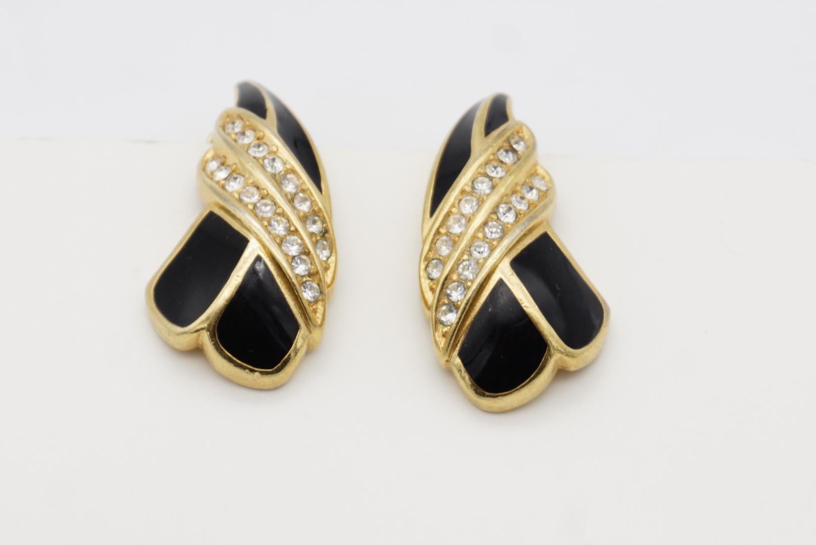 Christian Dior Vintage 1970s Black Enamel Crystals Tie Knot Leaf Clip Earrings 5