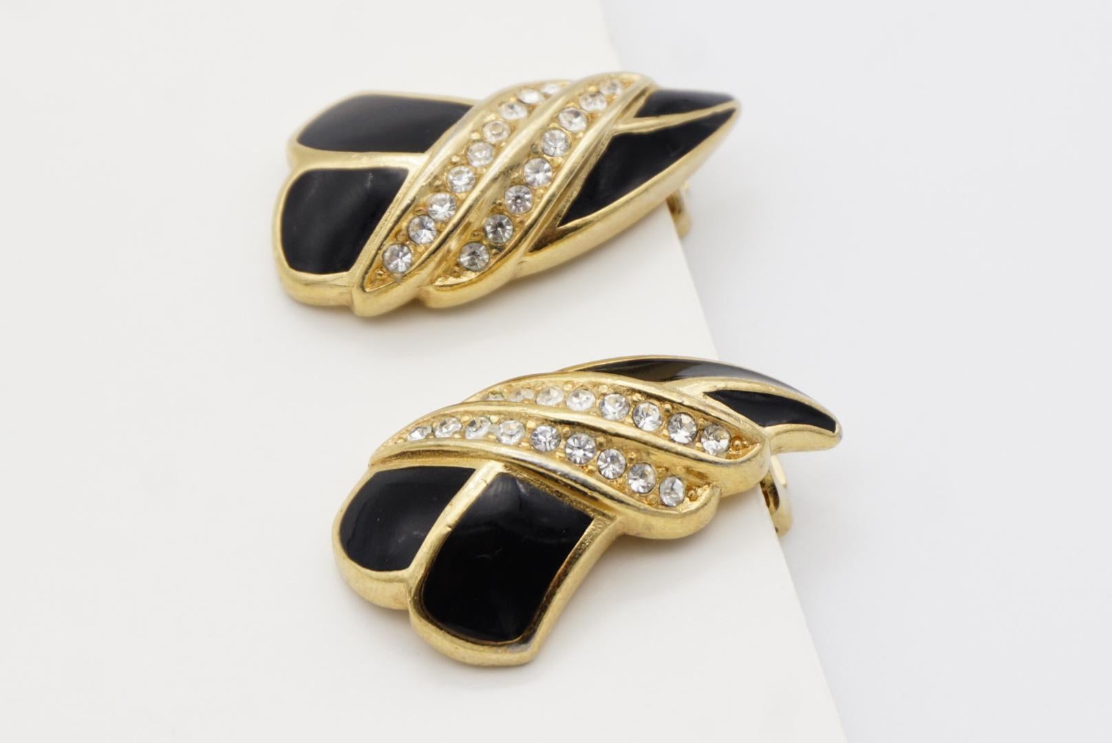Christian Dior Vintage 1970s Black Enamel Crystals Tie Knot Leaf Clip Earrings 6